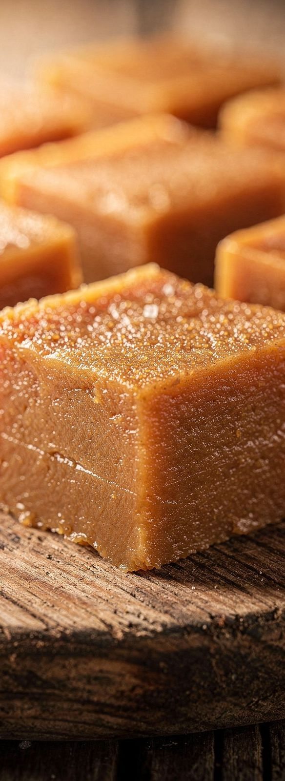 Doce de tacho em tabletes sobre a madeira
