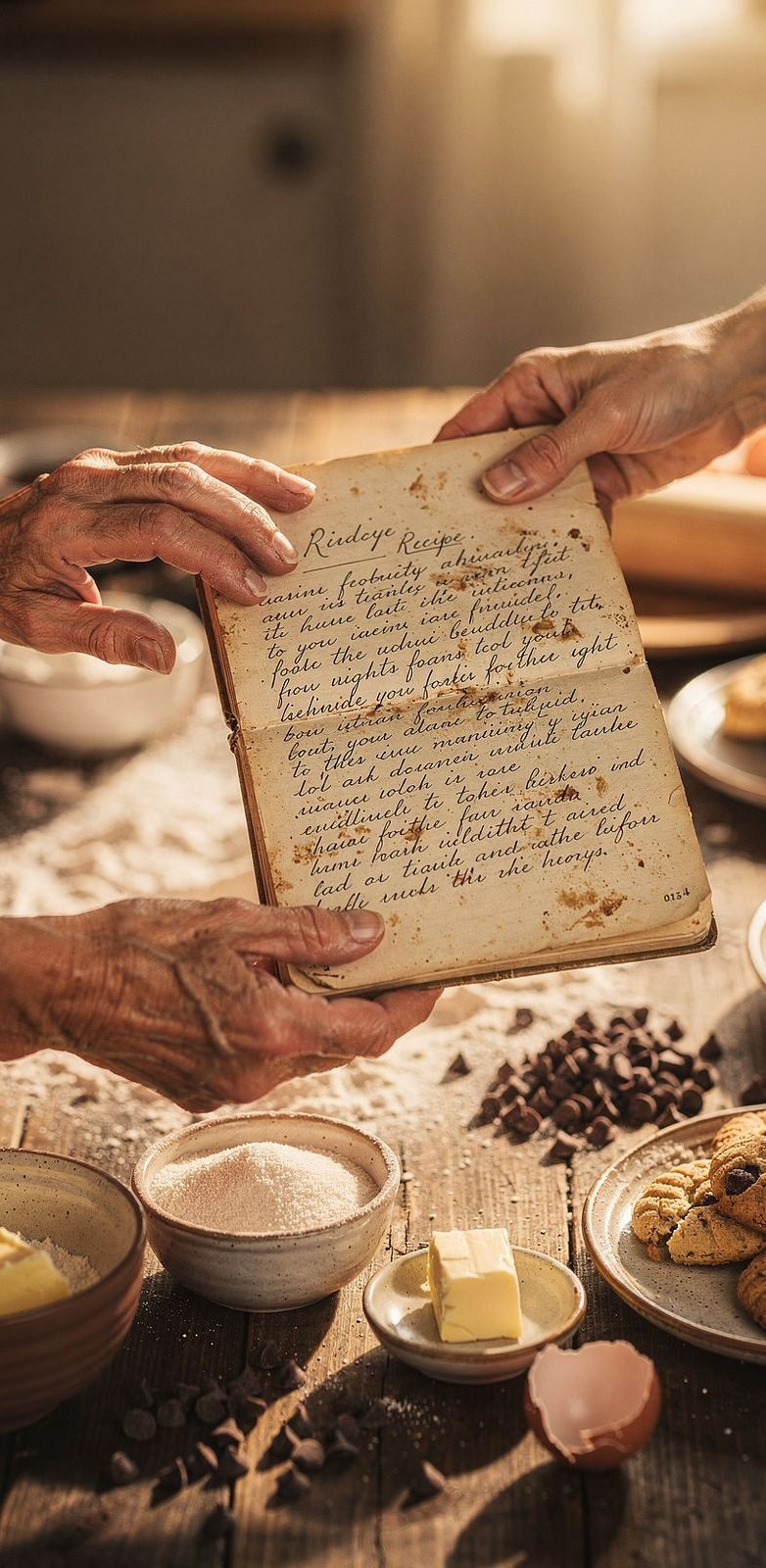 Mãos anotando uma receita à mão sobre a mesa da cozinha